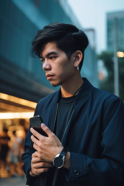 Asian man uses smartphone young person holding mobile phone on street generative AI