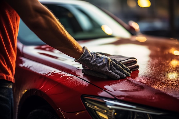 アジア人男性が日没時に屋外で車を洗うためにソープを入れた青いスポンジを使用しています