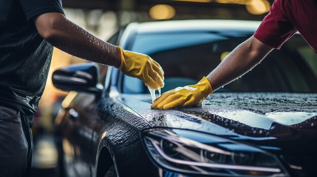 Asian man using blue sponge with soap to washing the car at outdoor in sunset time Car cleaning and
