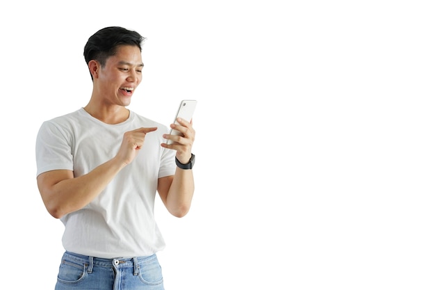 asian man using smartphone with excited feeling when downloading with high speed internet