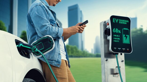 Asian man waiting and using smartphone while his electric car recharging Peruse