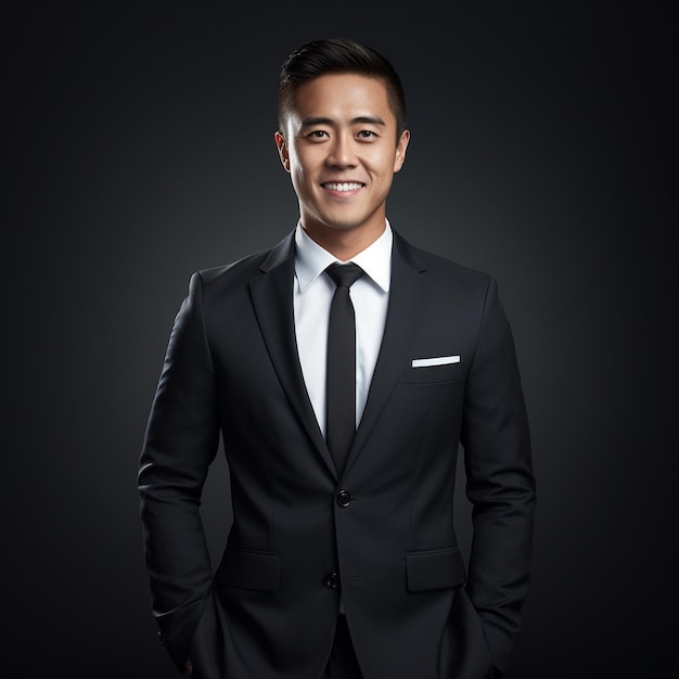 An Asian man wearing a black suit on black background generative AI