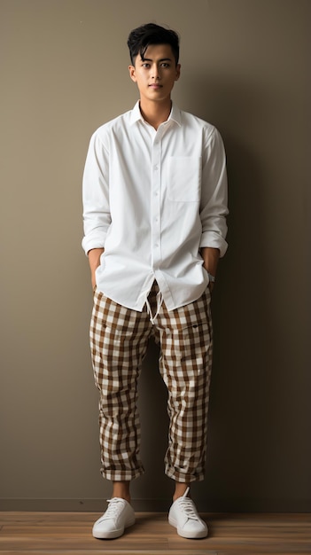 Asian man wearing white shirt and brown checkered pants