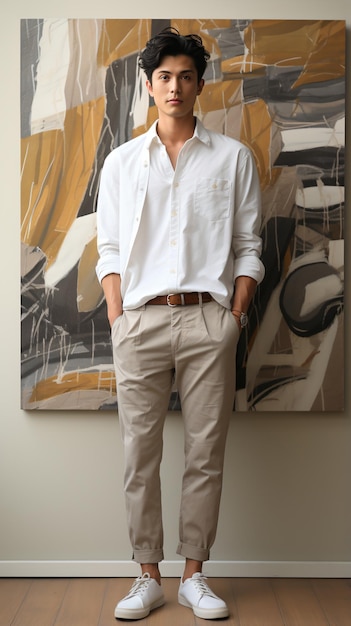 Asian man wearing white shirt and khaki pants standing in front of abstract painting