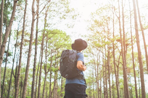 Asian man with backpack hiking in forest