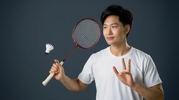 Photo asian man with badminton racket holding shuttlecock and ready in serve position