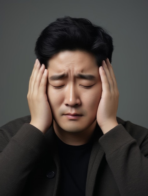 Asian man with pain on neutral background