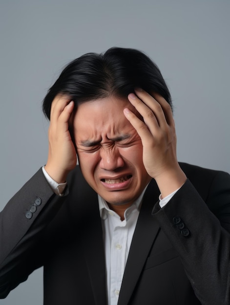 Asian man with pain on neutral background