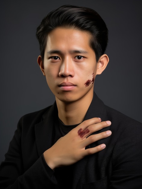 Asian man with pain on neutral background