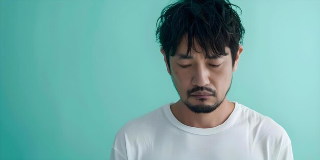Photo asian man with sad expression on mint background depicting mental health struggles concept mental health asian man sad expression mint background mental health struggles