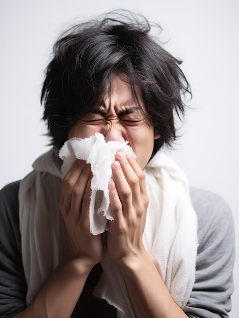 Asian man with towel holding tissue and sneeze unwell faceSick man concept