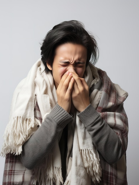 Asian man with towel holding tissue and sneeze unwell faceSick man concept