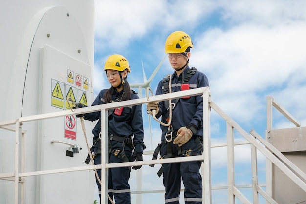 タイの風力発電所で安全な風力タービンの準備と進捗チェックを行うアジア人男性と女性の検査エンジニア。