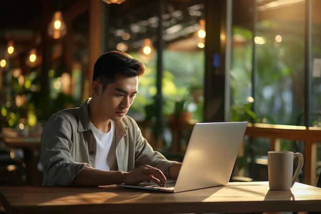 Азиатский мужчина работает со своим ноутбуком в традиционном офисе из тикового дерева Генеративный ИИ
