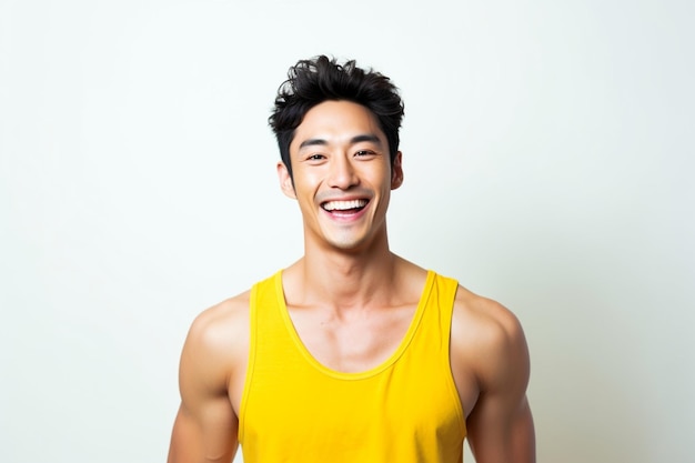 Asian man in yellow singlet with happy laughing expression