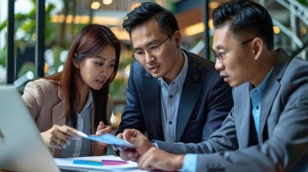 Photo asian managers discussing market strategies and financial solutions in a