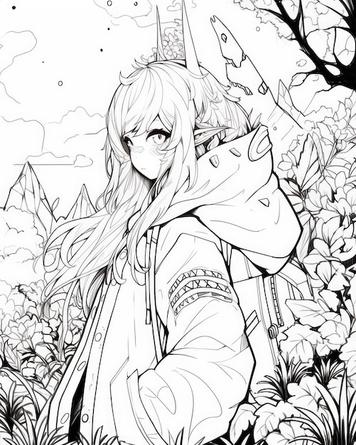 Photo asian manga character illustration coloring book page japanese anime design manga art template