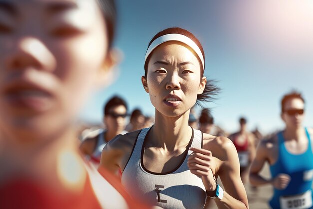 Asian marathon runners during hard race effort gesture Ai generative