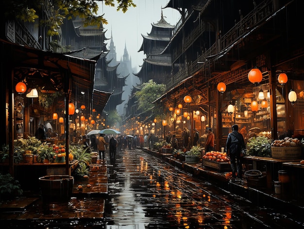 Asian Market Mosaic Vibrant Street Scene