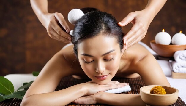 Photo asian massage spa natural organic beauty treatment with herbal ball