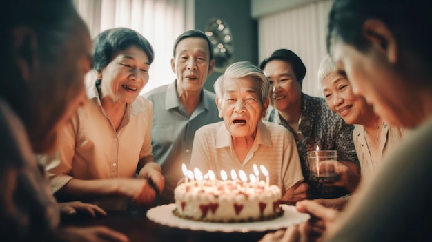 사진 아시아 성숙하고  ⁇ 은 사람들이 생일을 축하하는 가족이 모여 집에서 축하 파티를 만들었습니다.