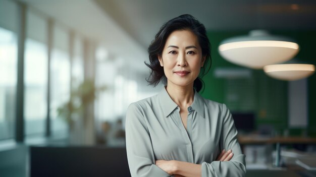 Asian mature businesswoman standing arm cross in the office