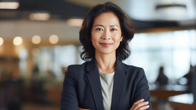 Asian mature businesswoman standing arm cross in the office