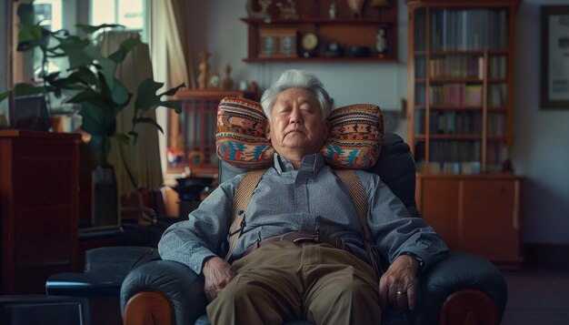 Зрелый азиатский мужчина спит дома в автобусе среди книг