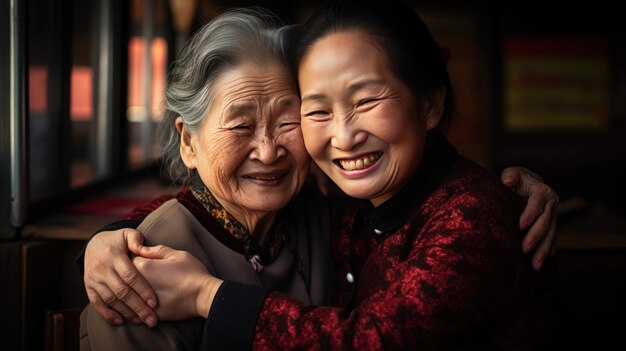 Asian mature two women smile