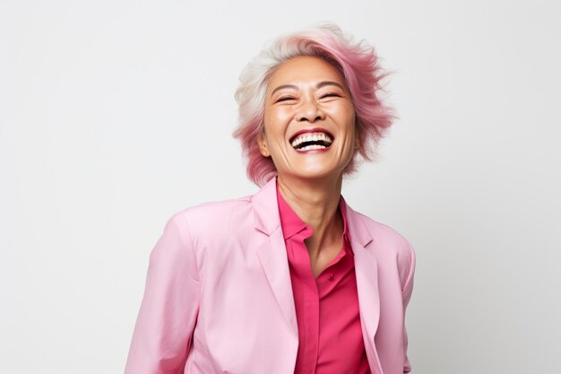 Asian mature woman laughing happily in pink suit