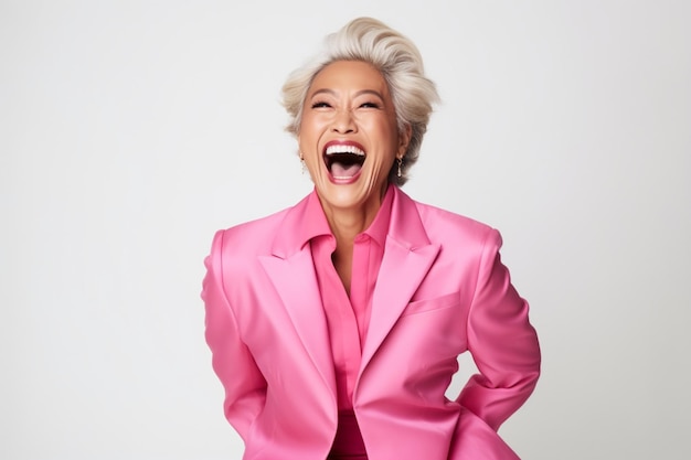 Asian mature woman laughing happily in pink suit