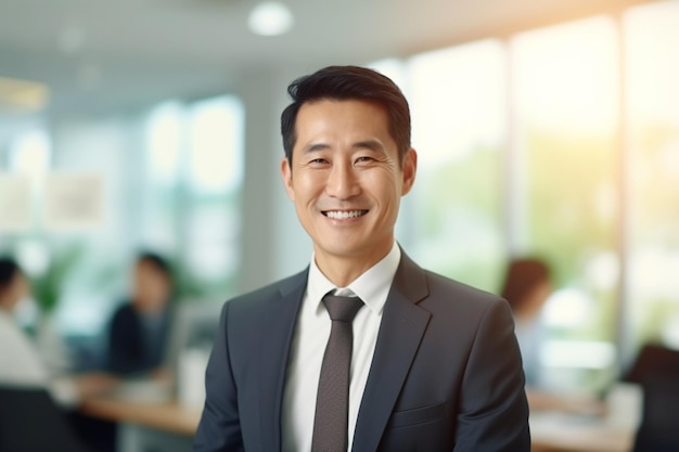 Asian middle age business man in black suit with happy expression