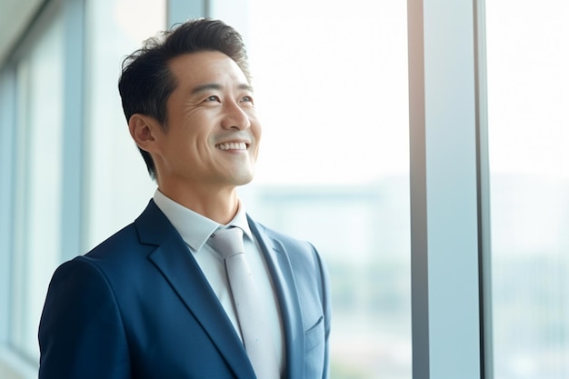 Asian middle age business man in blue suit with happy expression