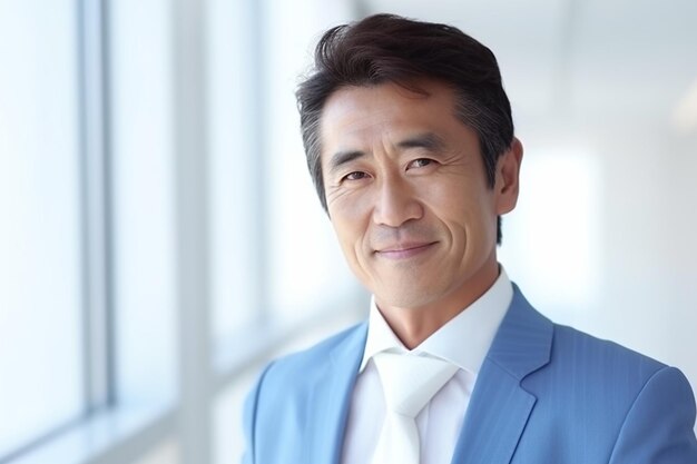Asian middle age business man in blue suit with happy expression