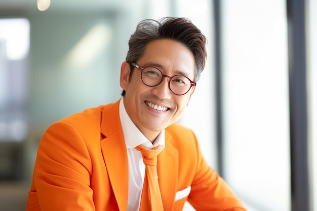 Asian middle age business man in orange suit with happy expression