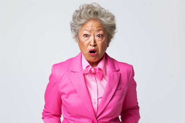 Photo asian middle age business woman in pink suit with angry expression
