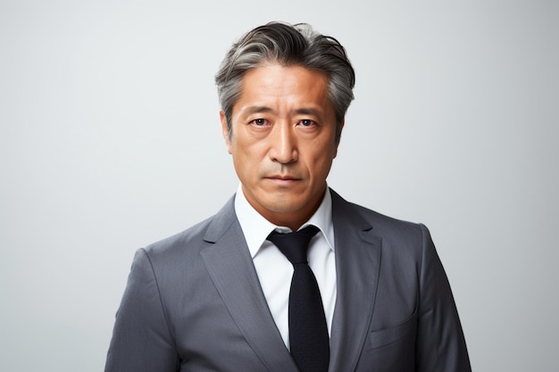 Asian middle age businessman in gray suit with confused expression