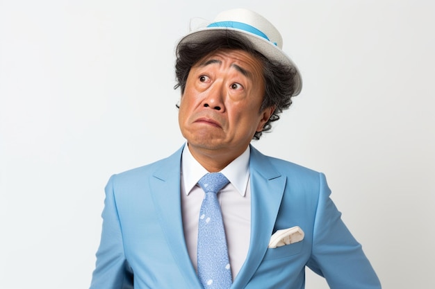 Asian middle age businessman in light blue suit with confused expression