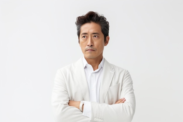 Asian middle age businessman in white suit with confused expression