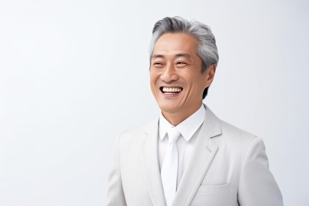 Asian middle aged business man laughing cheerfully in white suit