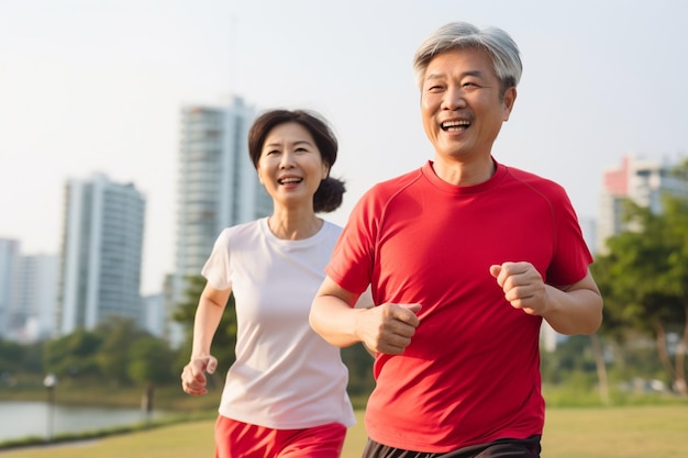 Asian middle aged couple jogging exercise in park