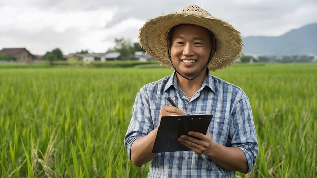 Asian middle aged farmer man wearing straw hat write on clipboard in rice field with smile during k