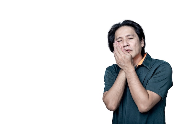 Asian middleaged man have toothache due to tooth decay On white isolated background