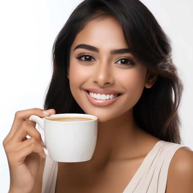 Asian model in happy mood having a cup of coffee tea