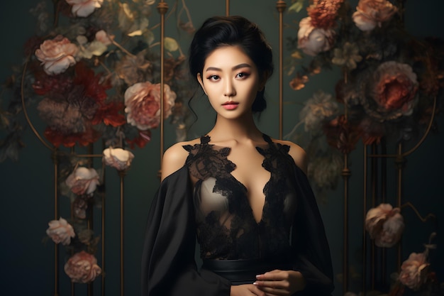 Азиатская модель позирует в студии освещения творческая атмосфера демонстрирует искусство портретной фотографии