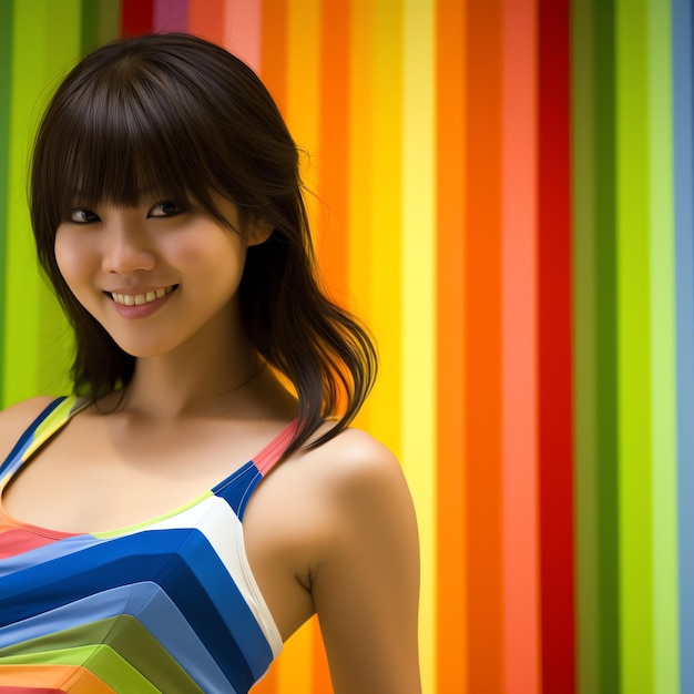 Photo asian model's vibrant playfulness against bold colored backdrop