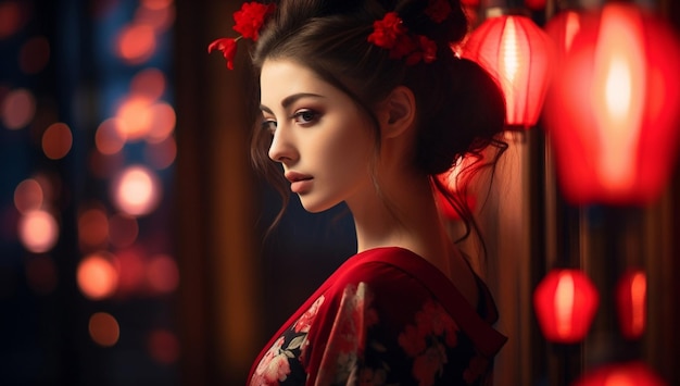 アジア風のモデル 女性の背景 美しい文化 の毛 花の人物 肖像画 自然 女性 若い女性 伝統 ファッション 美しさ 服装 魅力的な顔