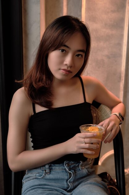 Asian model take drink