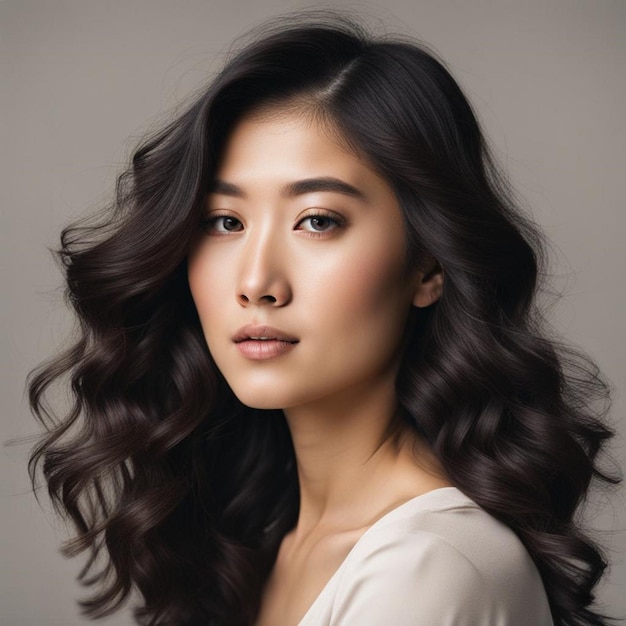 Asian model with black wavy hair and white fress