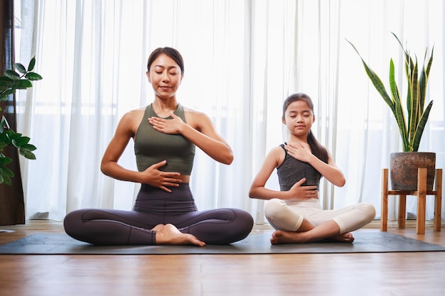 아시아 엄마와 그녀의 소녀 설정은 집에서 요가 매트에 함께 요가와 명상 포즈를 준비합니다